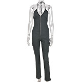 Cleavage Lace Up Zipper Halter Backless Jumpsuits BANT-6464