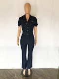 Short Sleeve Button Down Straight Denim Jumpsuit LX-3532