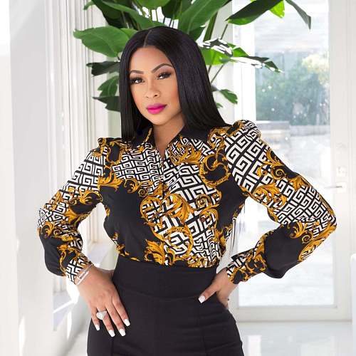 Elegant Turn Down Collar All Over Print Blouse Shirts WSM-5331