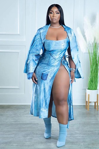 Chic Print Blazer Coat+Straps High Slit Dress 2 Piece Set TK-6252