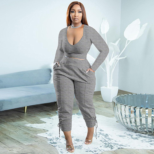 Plus Size T-Shirts Crop Tops Pencil Pants Two Piece Set WSY-5950