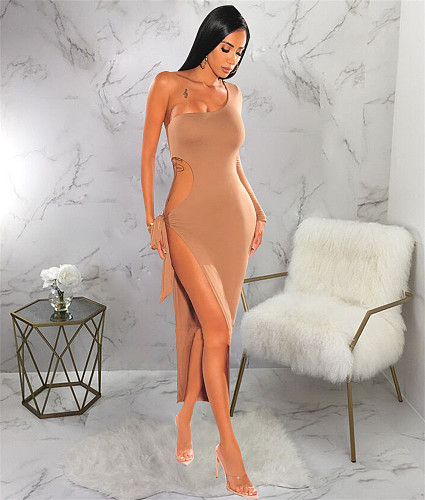 One Shoulder Long Sleeve Hollow Out High Slit Dress YF-10232