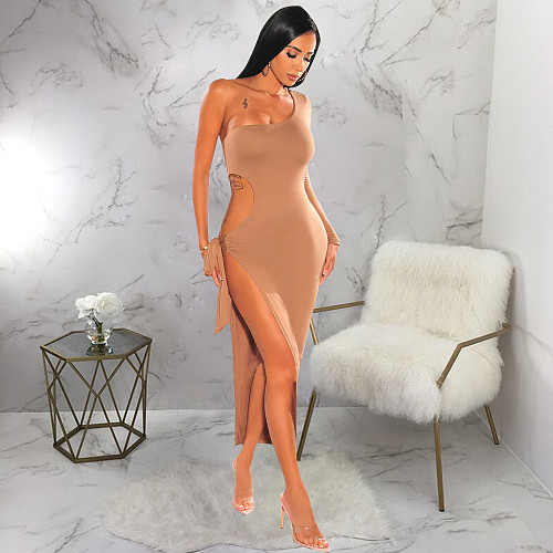 One Shoulder Long Sleeve Hollow Out High Slit Dress YF-10232