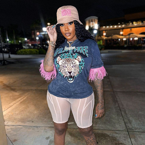 Ostrich Feather Short Sleeve Graphic T Shirt MXXB-22TP148