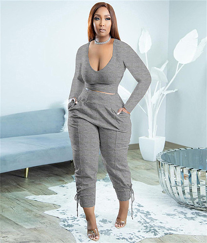 Plus Size T-Shirts Crop Tops Pencil Pants Two Piece Set WSY-5950