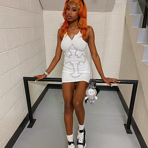 Y2K Streetwear Cross Printed White Mini Dress BANT-8642DD