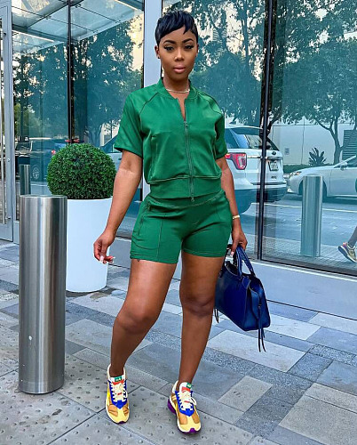 Workout Zip Up Jacket Biker Shorts Two Piece Set MK-3123