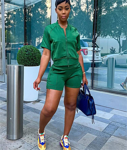 Workout Zip Up Jacket Biker Shorts Two Piece Set MK-3123