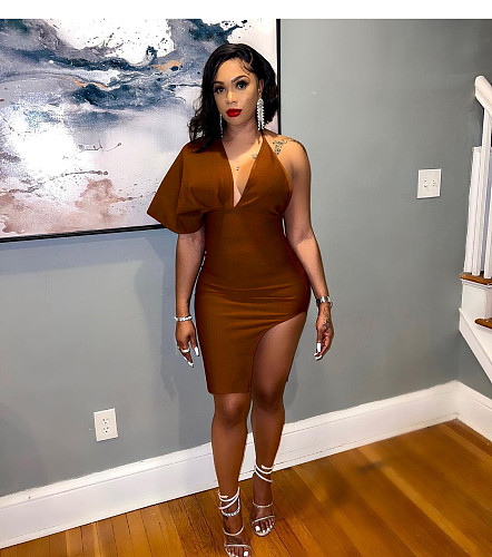 Sexy One Shoulder Deep V Irregular Party Dresses YIM-275