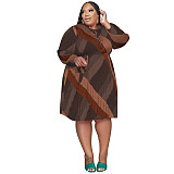 Striped Loose Long Sleeve Lace Up Plus Size Dresses OSS-22507
