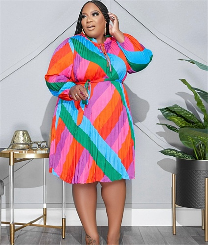 Striped Loose Long Sleeve Lace Up Plus Size Dresses OSS-22507