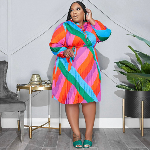 Striped Loose Long Sleeve Lace Up Plus Size Dresses OSS-22507