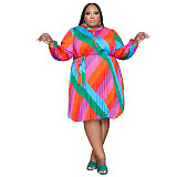 Striped Loose Long Sleeve Lace Up Plus Size Dresses OSS-22507
