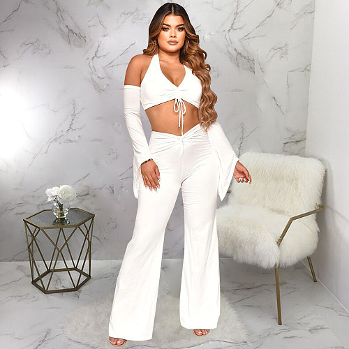 Off Shoulder Halter Neck Crop Tops 2 Piece Pants Set YF-10241