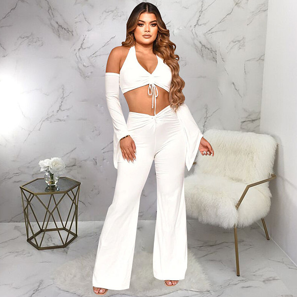 Off Shoulder Halter Neck Crop Tops 2 Piece Pants Set YF-10241