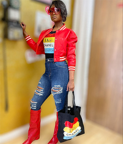 Autumn Winter PU Leather Baseball Slim Short Jacket FSL-201