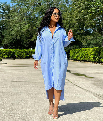 Plus Size Stripe Printing Long Sleeve Loose Shirt Dress HANI-090-1