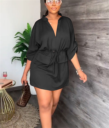 Casual Stand Collar 3/4 Sleeve Lace Up Mini Dress YS-827