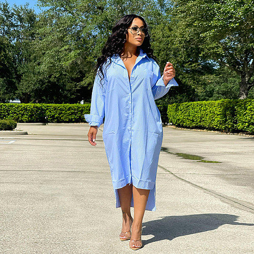 Plus Size Stripe Printing Long Sleeve Loose Shirt Dress HANI-090-1