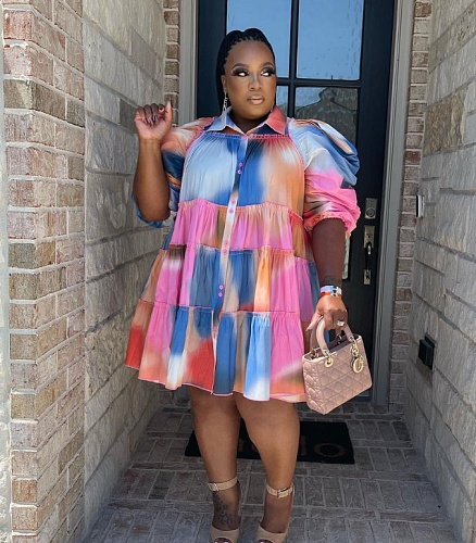 Plus Size Print Ruffled Pleated Puff Sleeve Shirt Dresses WA-77497