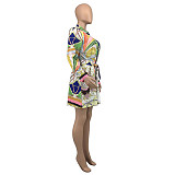 Vintage Long Sleeve Printed Button Down Shirt Dress GLS-10111