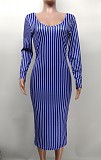 Striped Long Sleeve V-neck Bodycon Midi Dresses XMY-9386