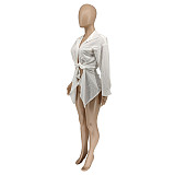 Solid Tie Up Streetwear Loose Long Sleeve Blouse Shirts WSY-5952