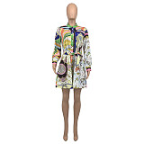 Vintage Long Sleeve Printed Button Down Shirt Dress GLS-10111