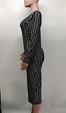 Striped Long Sleeve V-neck Bodycon Midi Dresses XMY-9386