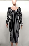 Striped Long Sleeve V-neck Bodycon Midi Dresses XMY-9386