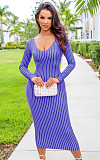 Striped Long Sleeve V-neck Bodycon Midi Dresses XMY-9386