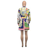 Vintage Long Sleeve Printed Button Down Shirt Dress GLS-10111