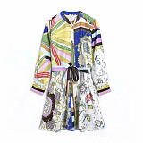 Vintage Long Sleeve Printed Button Down Shirt Dress GLS-10111