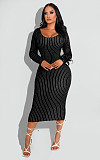 Striped Long Sleeve V-neck Bodycon Midi Dresses XMY-9386