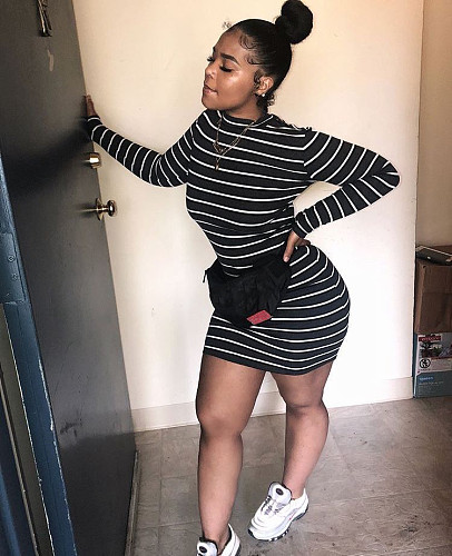 Casual Striped Printed Long Sleeve Bodycon Dress BGN-116-1