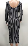 Striped Long Sleeve V-neck Bodycon Midi Dresses XMY-9386