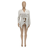 Solid Tie Up Streetwear Loose Long Sleeve Blouse Shirts WSY-5952