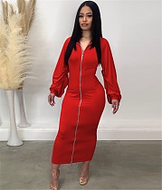 Elegant Solid Zipper Fly Long Sleeve Maxi Long Dresses TE-4466