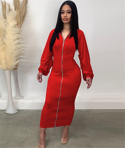 Elegant Solid Zipper Fly Long Sleeve Maxi Long Dresses TE-4466