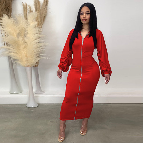 Elegant Solid Zipper Fly Long Sleeve Maxi Long Dresses TE-4466