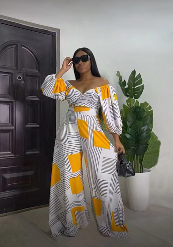 Off Shoulder Lace Up Crop Top Wide Leg Pants Outfits OD-8510