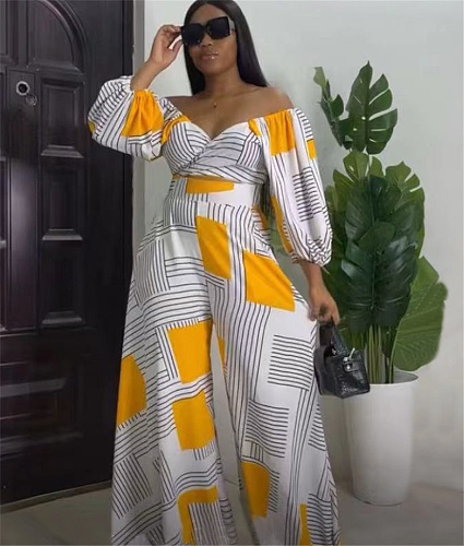Off Shoulder Lace Up Crop Top Wide Leg Pants Outfits OD-8510