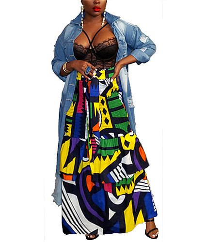 Chic Lace Up Ruffles Elegant Print Long Skirt ZAND-31232