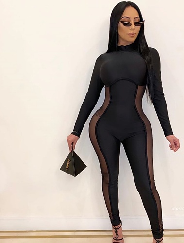 Sheer Mesh Patchwork Long Sleeve Skinny Jumpsuit HMS-5557