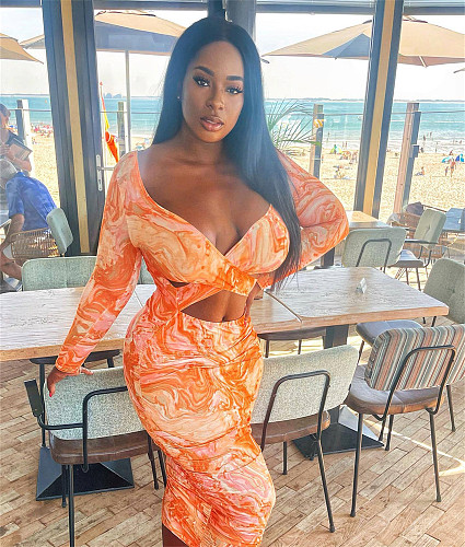 Tie Dye V Neck Cut Out Long Sleeve Bodycon Dresses BGN-267