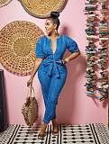 Short Sleeve Zipper Sashes Denim Jumpsuit LX-6945