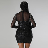 Sexy Diamond Hot Drill Mesh Feather Long Sleeve Dress NY-2560