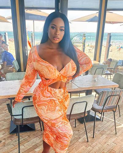 Tie Dye V Neck Cut Out Long Sleeve Bodycon Dresses BGN-267