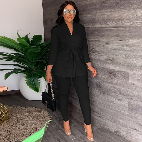 Office Ladies Lace Up Blazer Jacket Leggings Pants Suit MA-522
