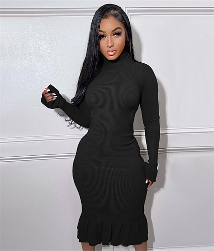 Ruffle Hem turtleneck Backless Tie Up Bodycon Dress YIM-276